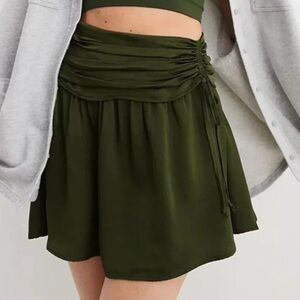Aerie Uptown Mini Skirt - Green. Satin Smocked Adjustable